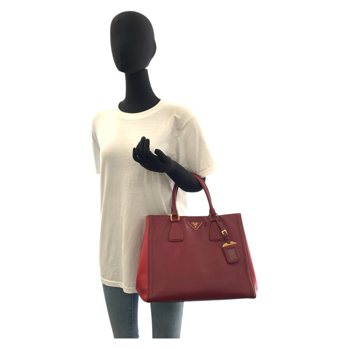 PRADA Tote Bag leather Red Gold Metal Tote Bag Handbag Shoulder Bag 2way Safiano Women