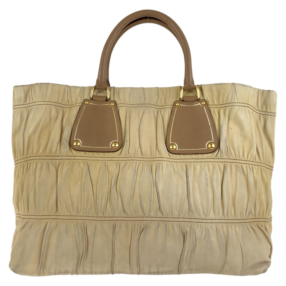 PRADA Tote Bag leather Beige Gold Metal Tote Bag Shoulder Bag Safiano Women