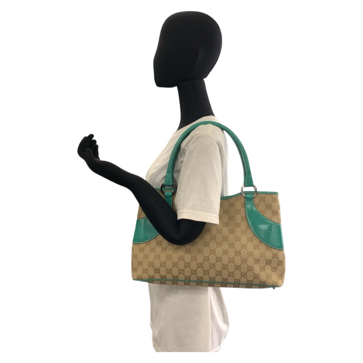 GUCCI Tote Bag 113015 GG canvas, leather Beige Green SilverMetal Tote Bag Shoulder Bag Women