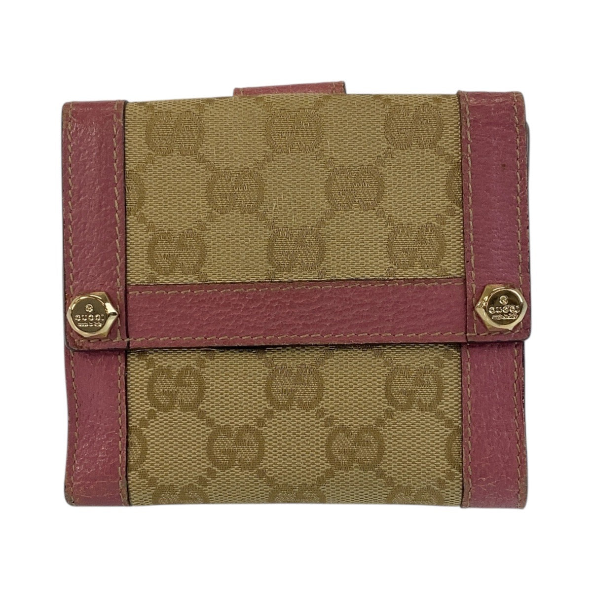 GUCCI Bifold Wallet 154117 GG canvas Beige Pink Gold Metal