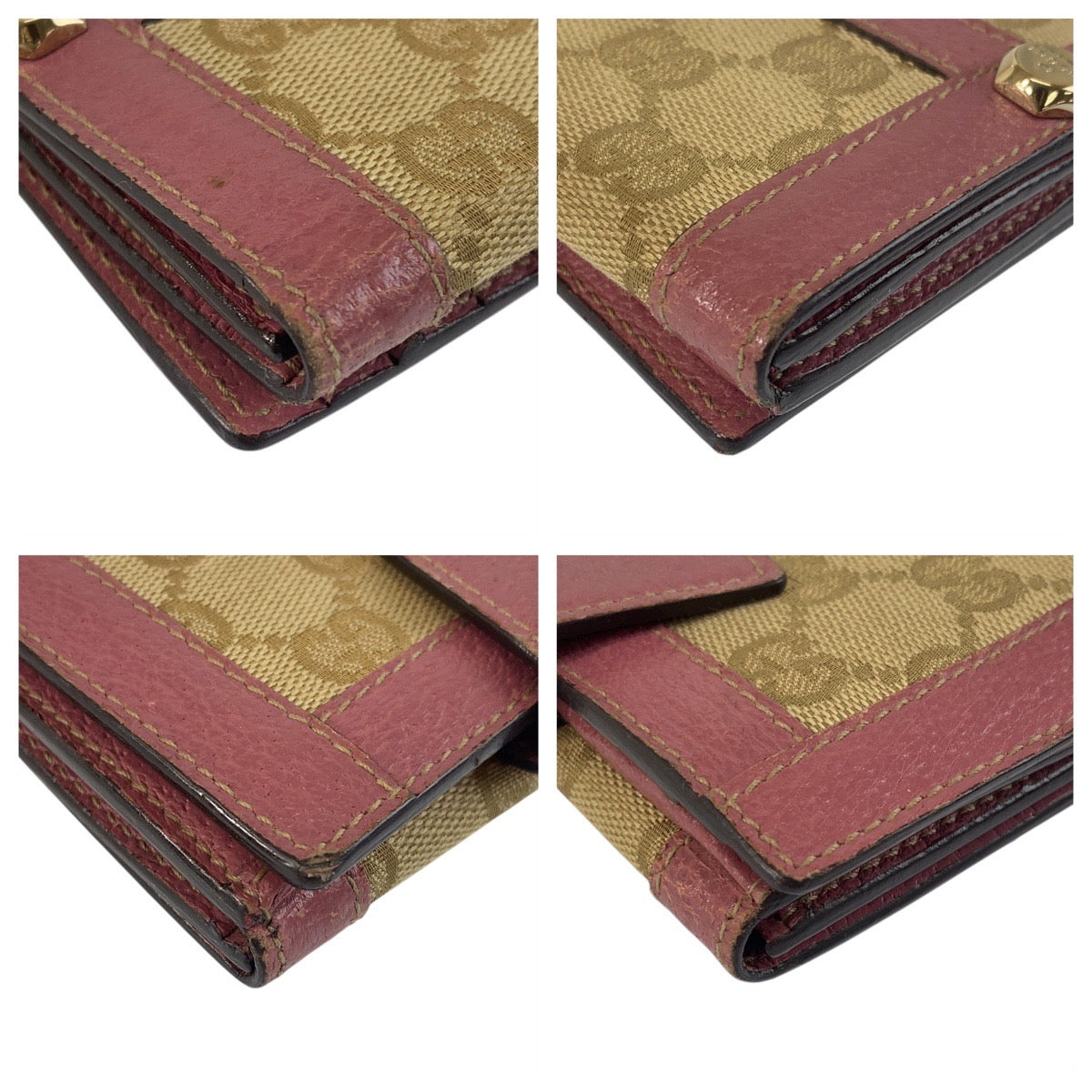 GUCCI Bifold Wallet 154117 GG canvas Beige Pink Gold Metal