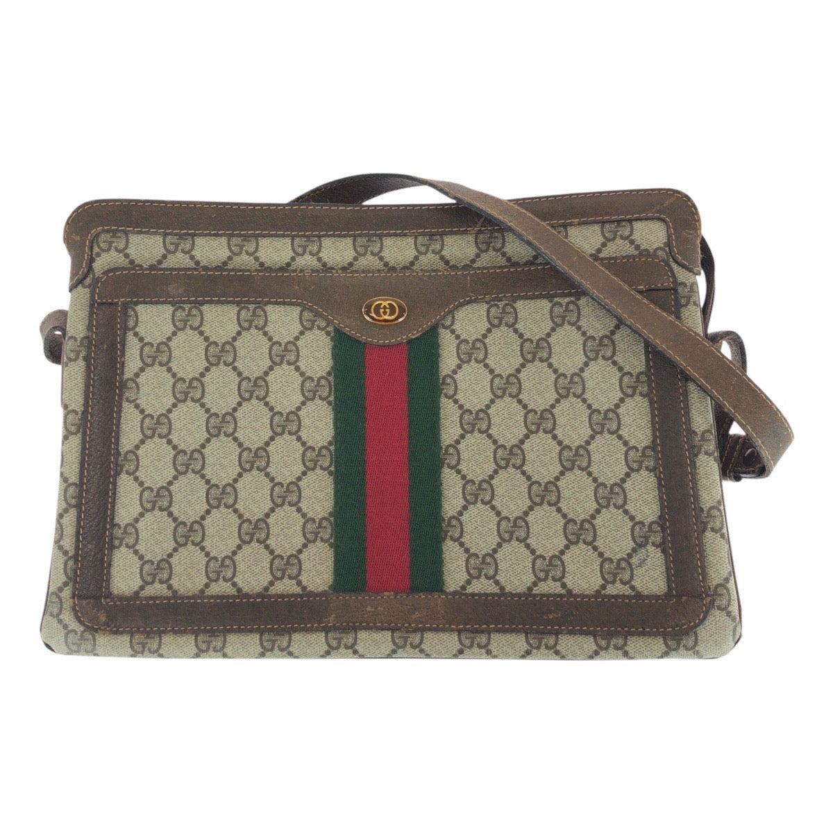 GUCCI Shoulder Bag 010・378 GG Supreme Canvas Beige Brown Gold Metal Old Gucci Shelly Line