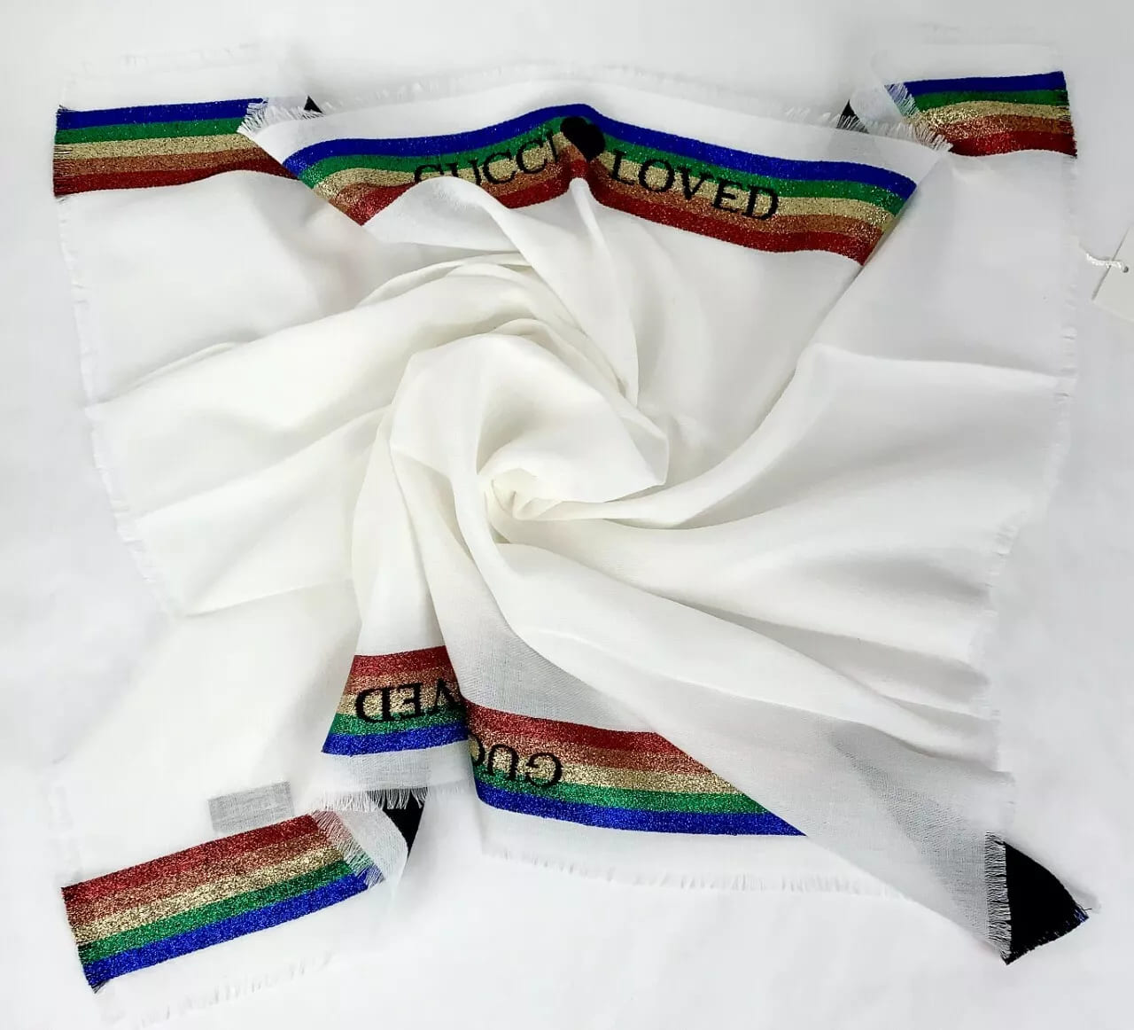 Gucci Loved Kids Ladies White Cotton Neck Scarf w/Rainbow Stripe