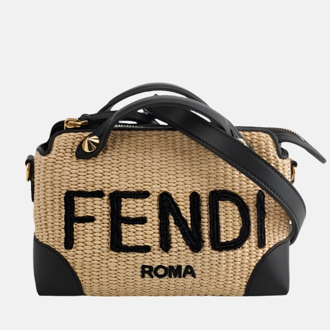 Fendi By The Way Mini Raffia Straw Black Leather Crossbody Bag