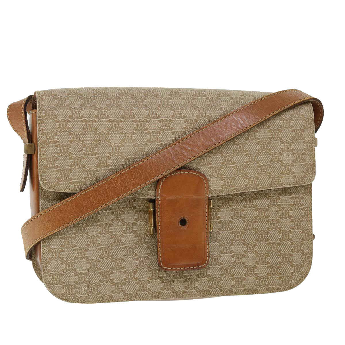 Luxury CELINE Macadam Canvas Shoulder Bag Canvas Leather Beige Brown  51028