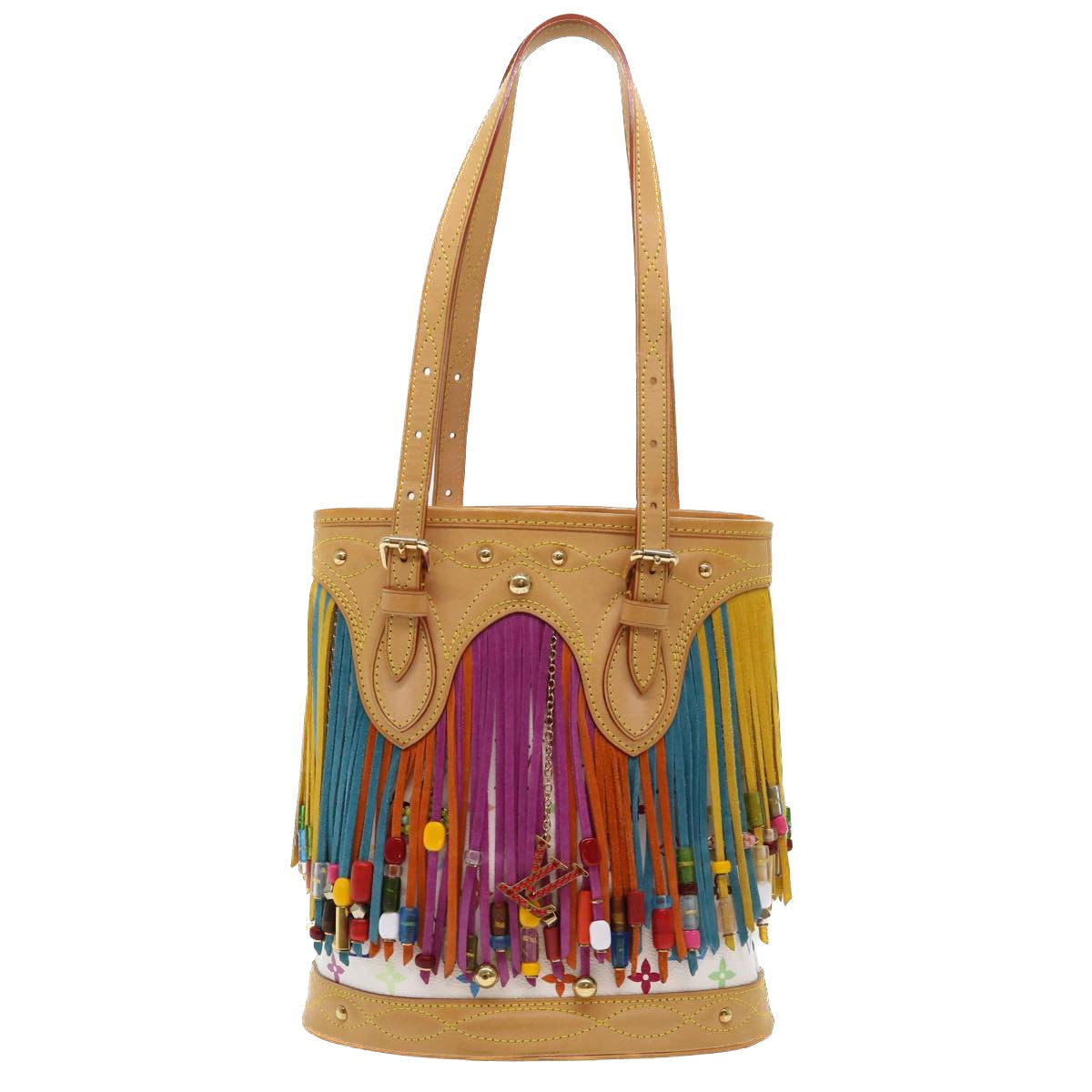 LOUIS VUITTON Monogram Multicolor Bucket Fringe Bag White M40109 LV Auth 51257A