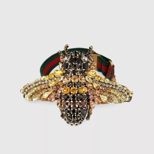 Gucci Black/Gold Crystal Bee Bracelet w/Tiger Head and GRG Elastic Band