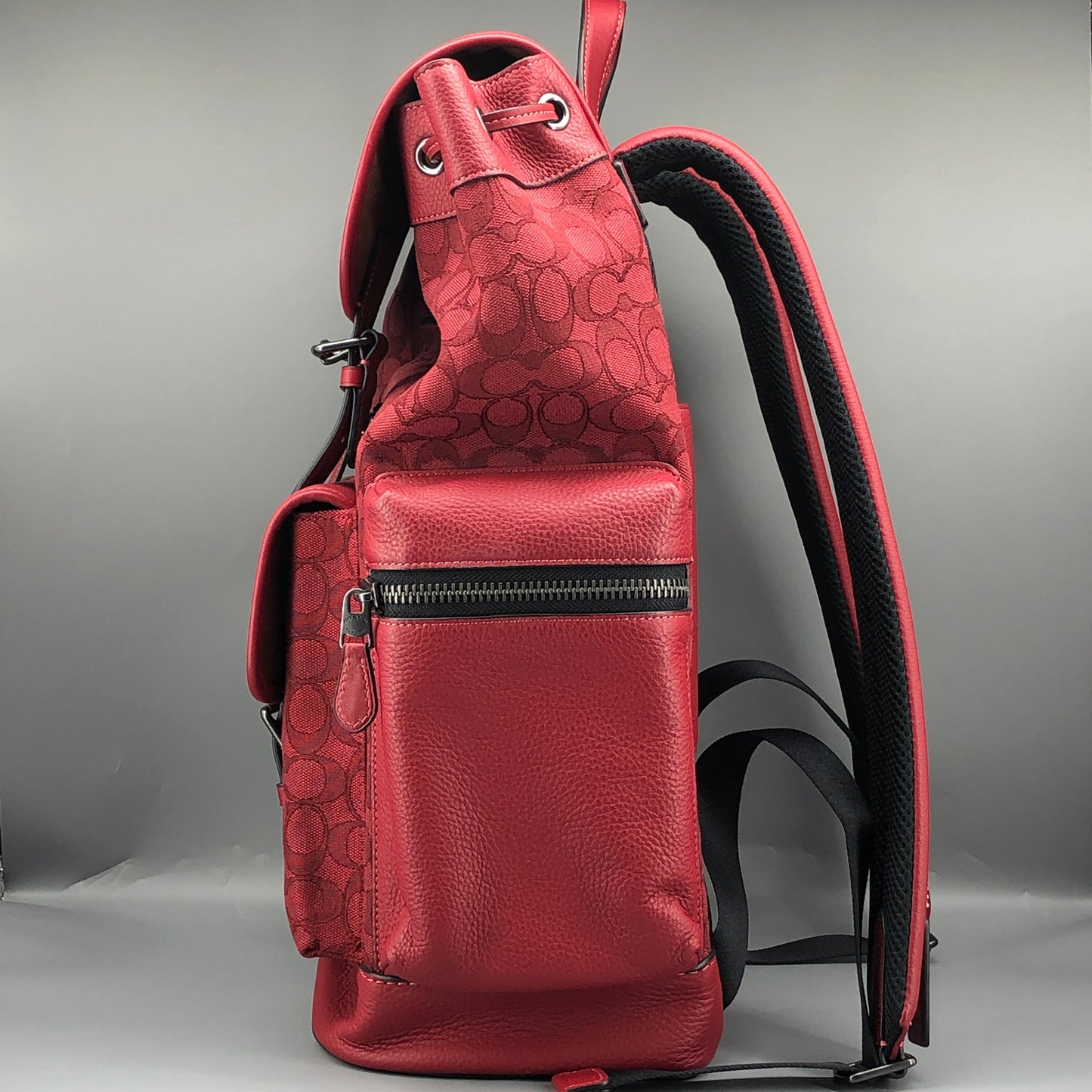 Coach Signature Canvas & Leather Flap Backpack Bag Red