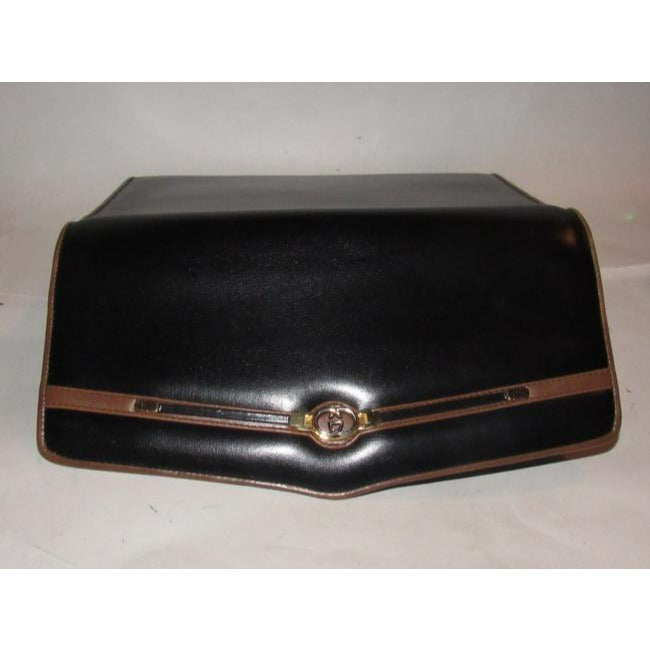 Gucci Vintage Pursesdesigner Purses Glossy Black Leather With Brown Leather Trim And Gold Equestrian