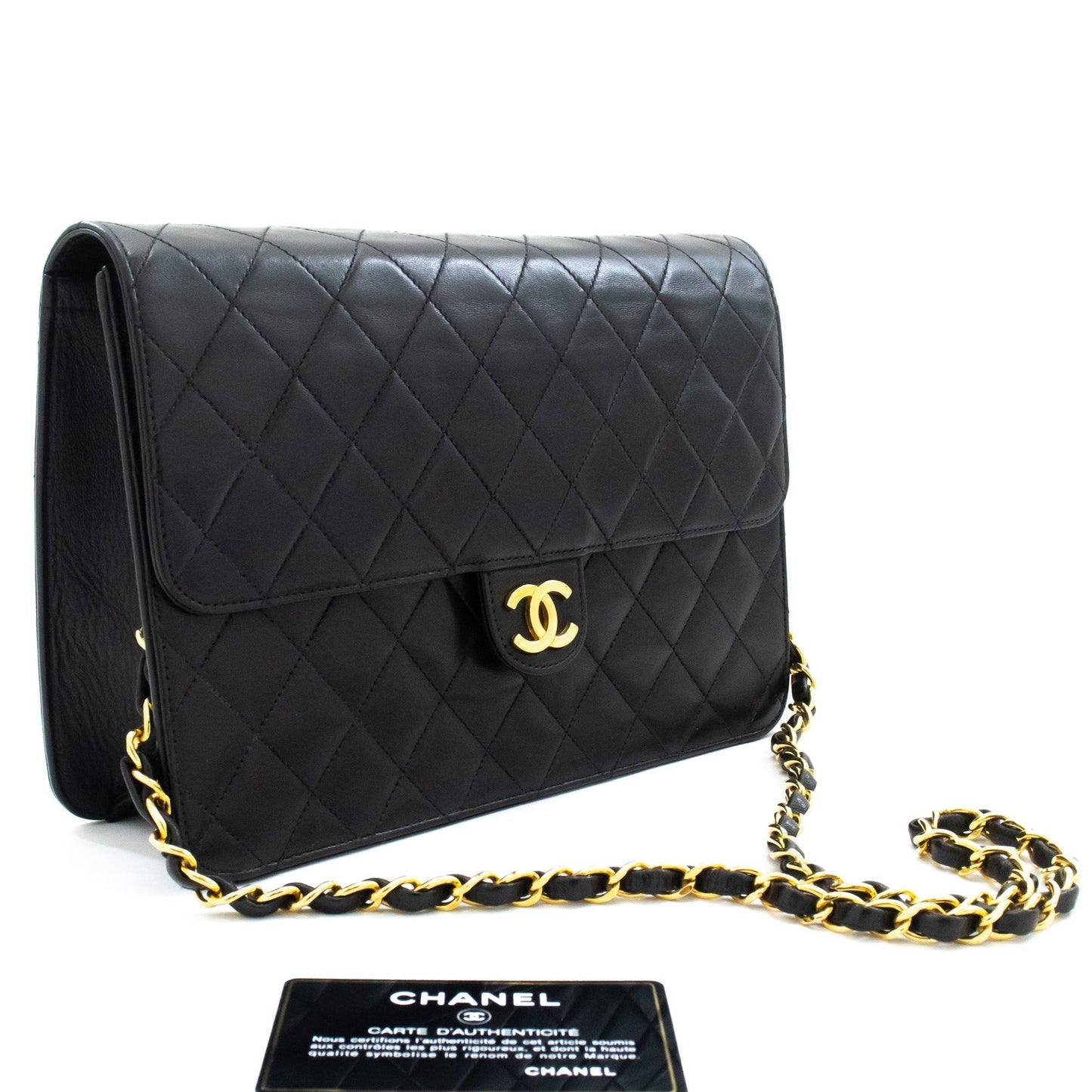CHANEL Chain Shoulder Bag Clutch Black Quilted Flap Lambskin Purse j98