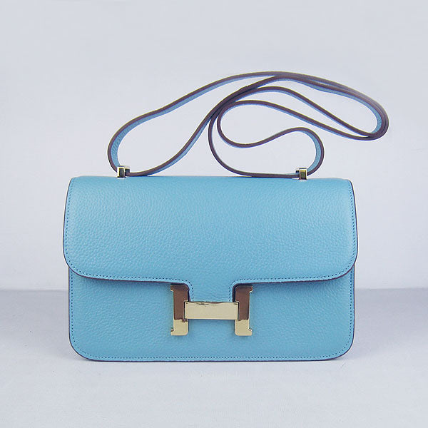 Luxury Hermes Calf Leather Message Bag H020 Light Blue Golden