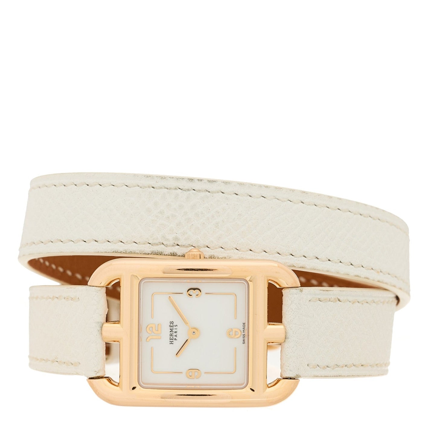 Hermes 18K Rose Gold Epsom 23mm Cape Cod Double Tour Quartz Watch Blanc