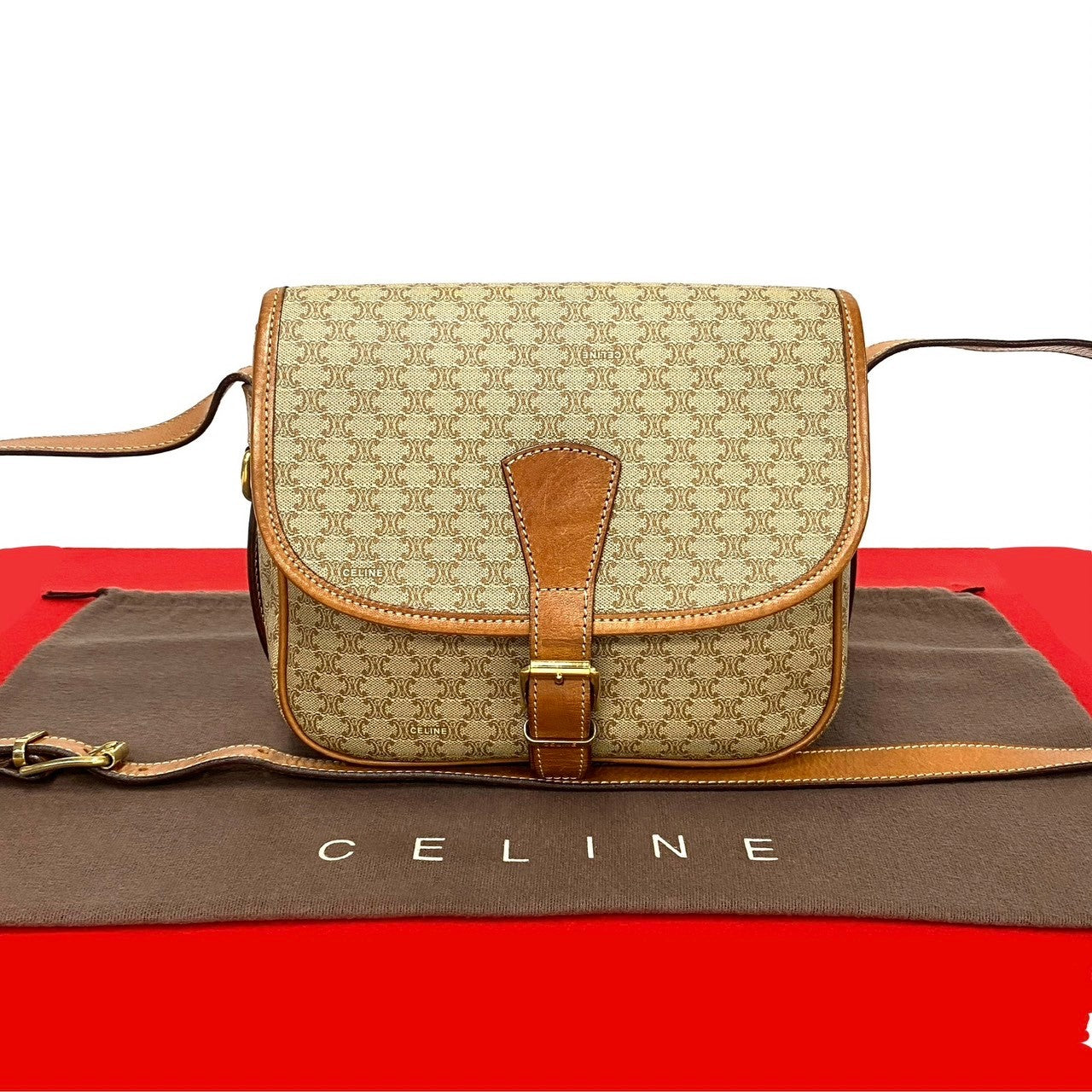 CELINE Shoulder Bag Leather, PVC Brown Macadam Blason Triomphe Pattern Women