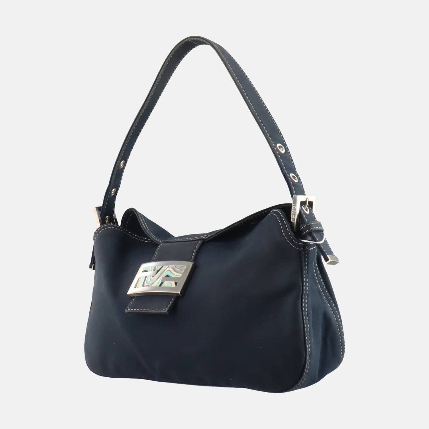 FENDI Baguette Blue Denim Navy Shoulder Bag with Enamel Buckle