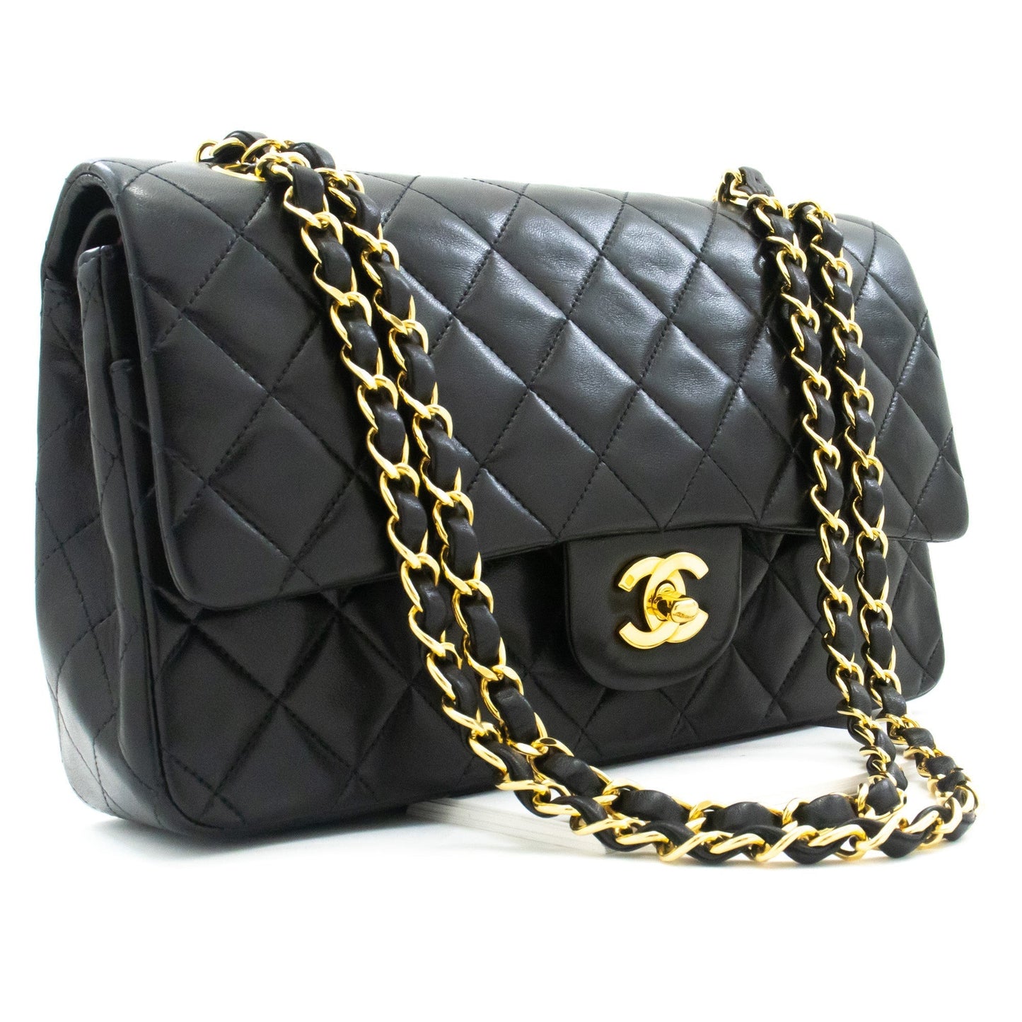 CHANEL Classic Double Flap 10" Chain Shoulder Bag Black Lambskin