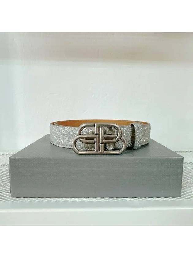 Luxury Balenciaga Trending 2026 BB Buckle Glitter Calf Leather Belt Silver