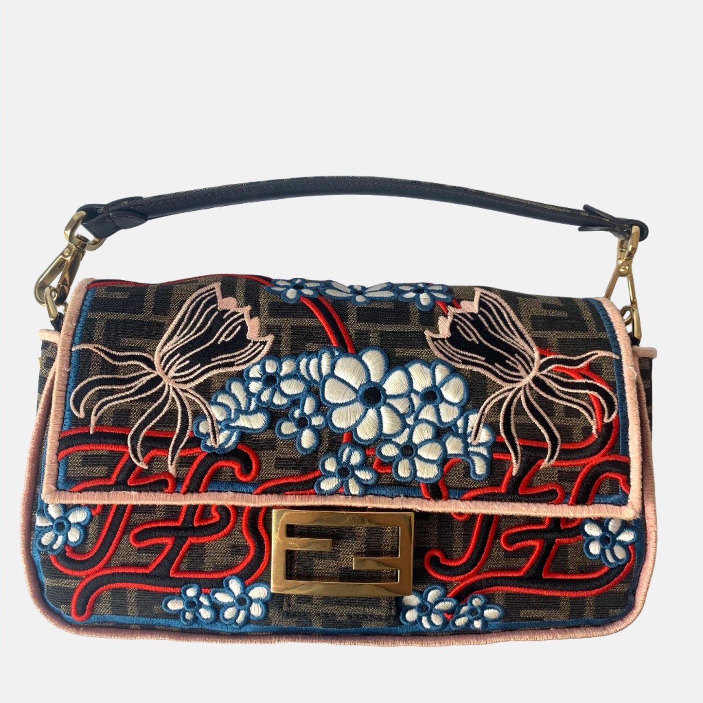 Fendi Baguette Medium Zucca Print with Floral Embroidery Crossbody Bag
