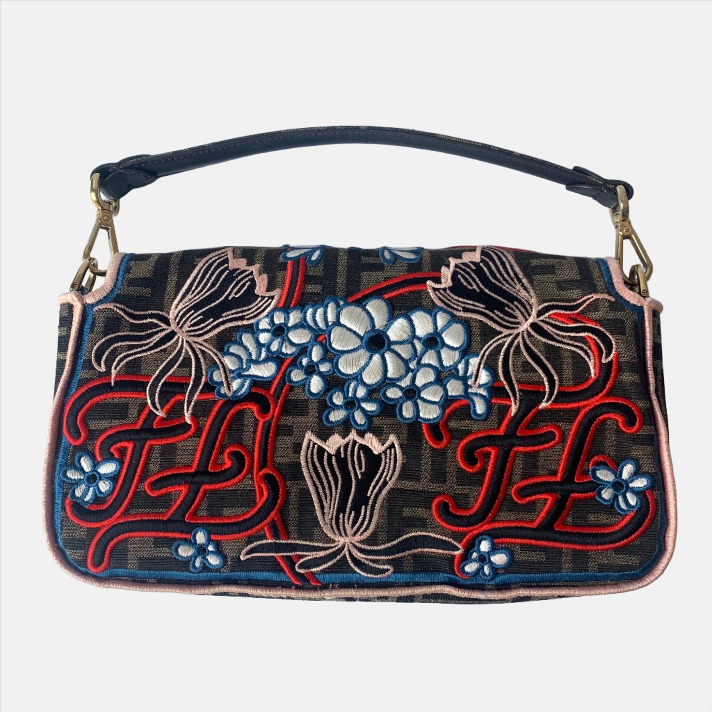 Fendi Baguette Medium Zucca Print with Floral Embroidery Crossbody Bag