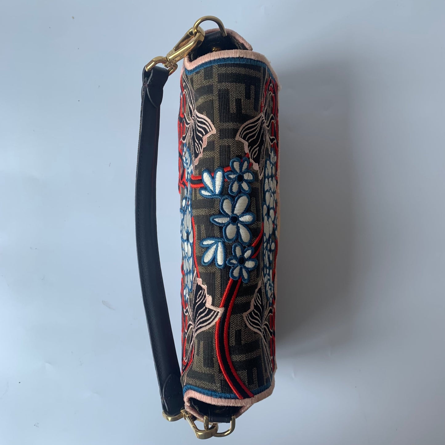 Fendi Baguette Medium Zucca Print with Floral Embroidery Crossbody Bag