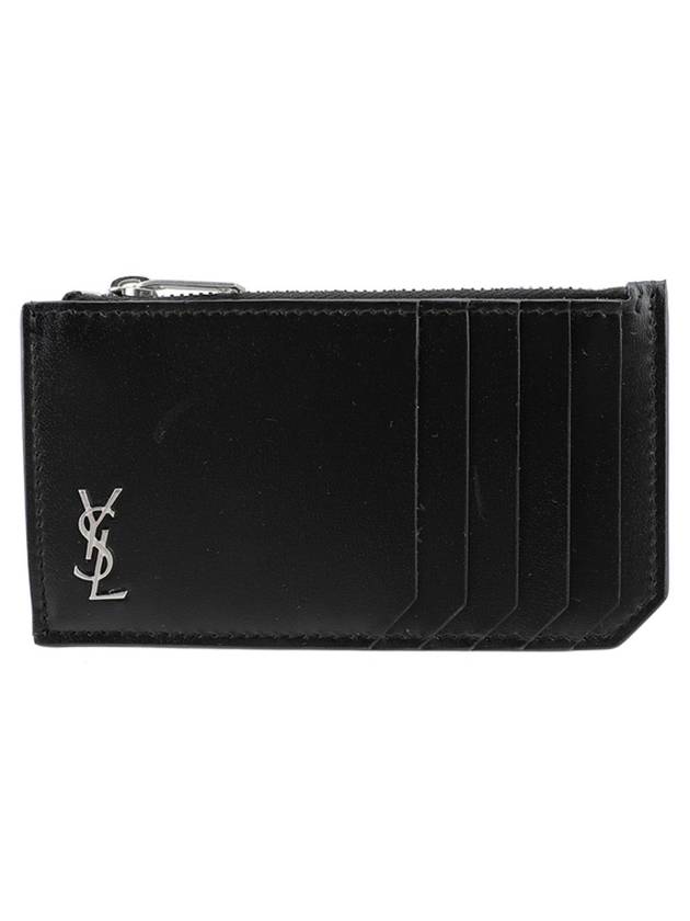 Luxury Saint Laurent Trending 2025 Tiny Cassandre Fragments Silver Hardware Leather Zipper Card Wallet Black