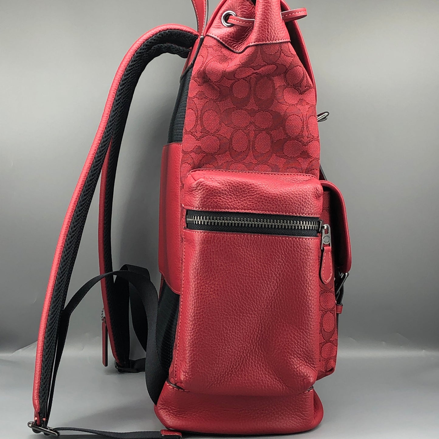Coach Signature Canvas & Leather Flap Backpack Bag Red