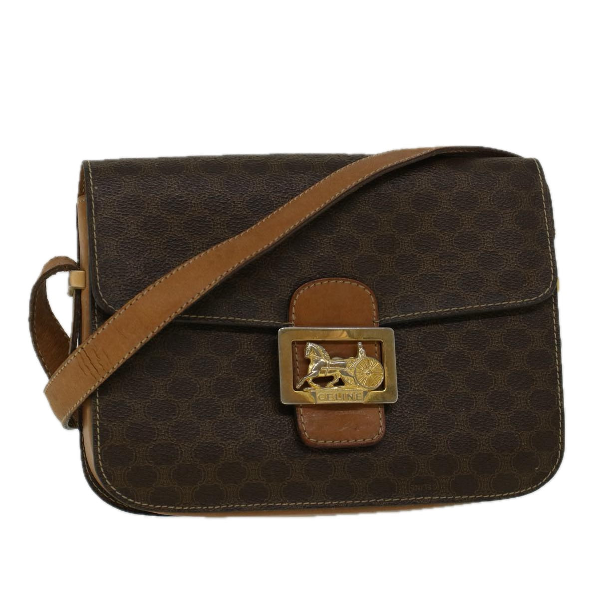 Luxury CELINE Macadam Canvas Horse Carriage Shoulder Bag PVC Leather Brown  56467