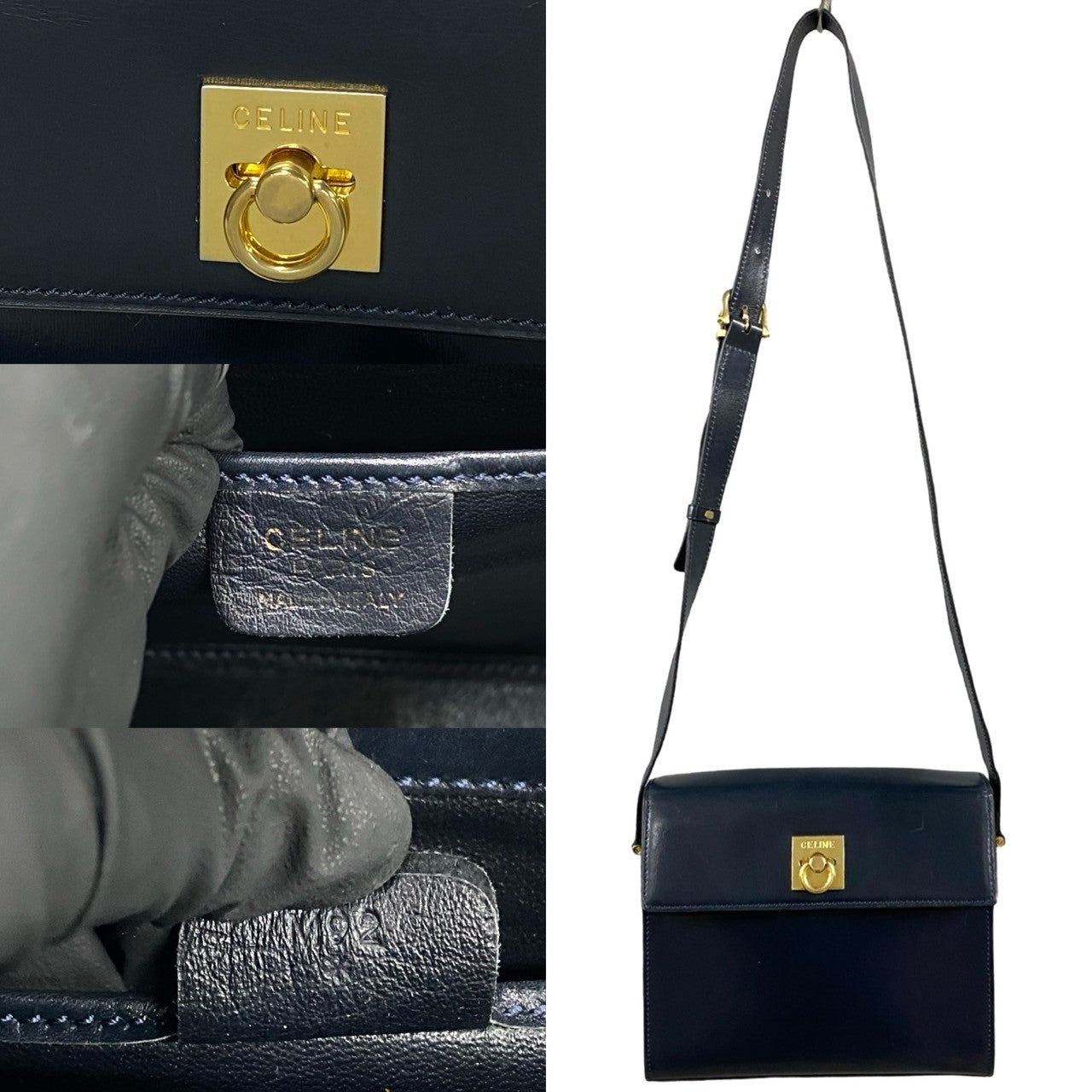CELINE Shoulder Bag leather Navy logo ring Metal Women