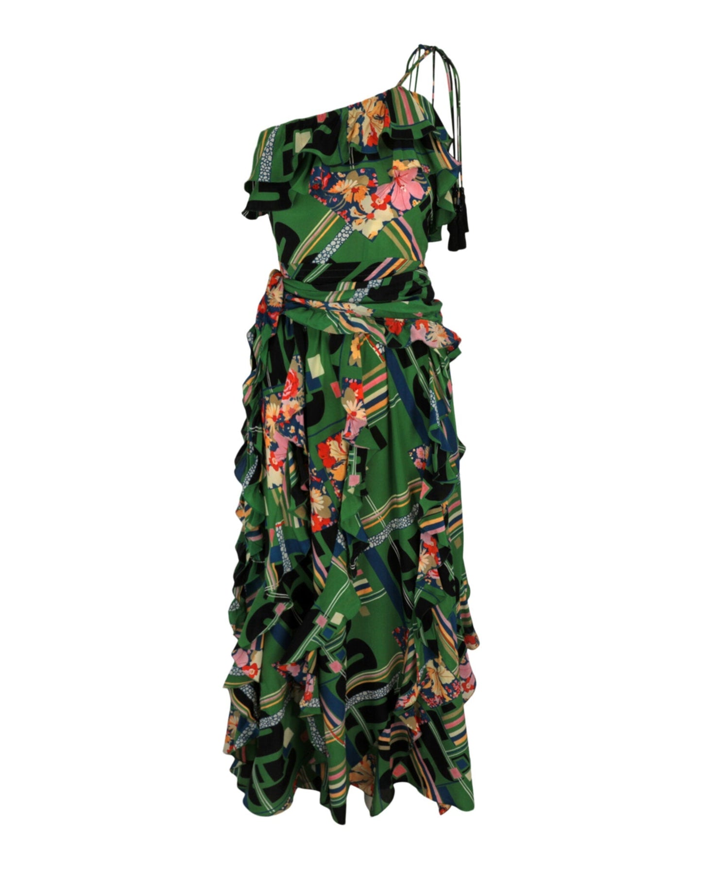 Gucci Womens Floral Check-Print Ruffled Silk-Crepe Dress