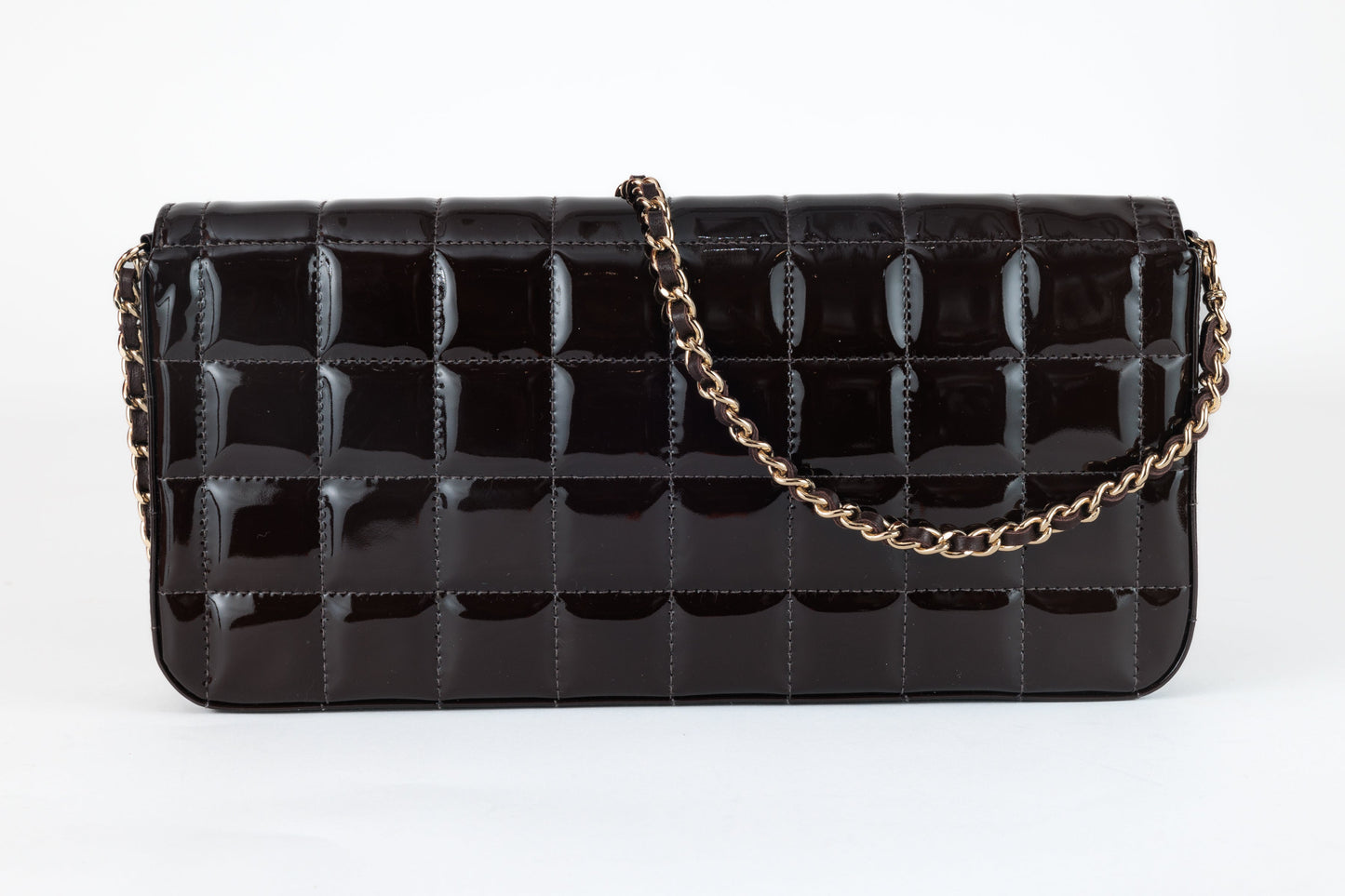 Chanel Brown Patent Leather  Chocolate Bar East West Flap Bag with Gold Hardware