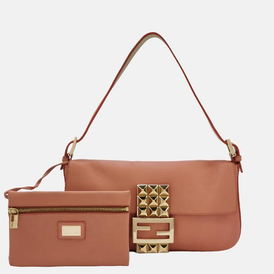 Fendi Baguette Pink Leather with Gold Studded Metal Buckle