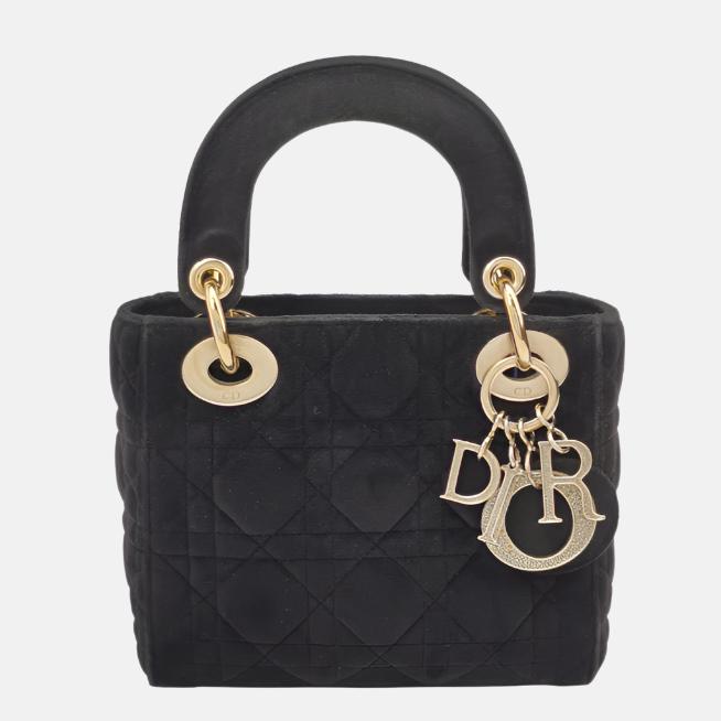 Lady Dior Mini Black Suede with Light Gold-tone Hardware and Crystal Logo