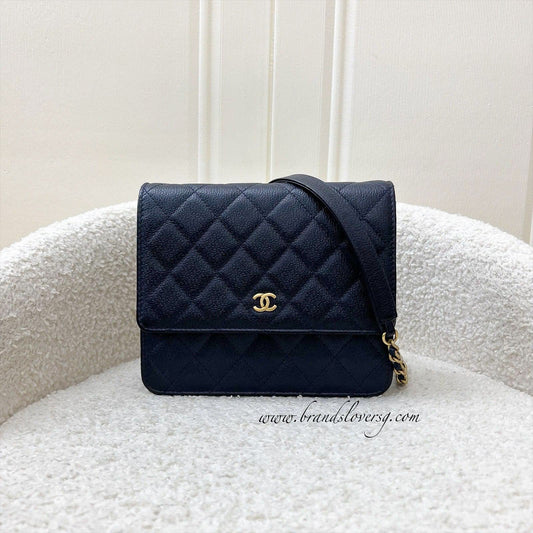 Chanel Square Wallet on Chain WOC in Navy Embossed Calfskin and AGHW (Model: A84310) Crossbody