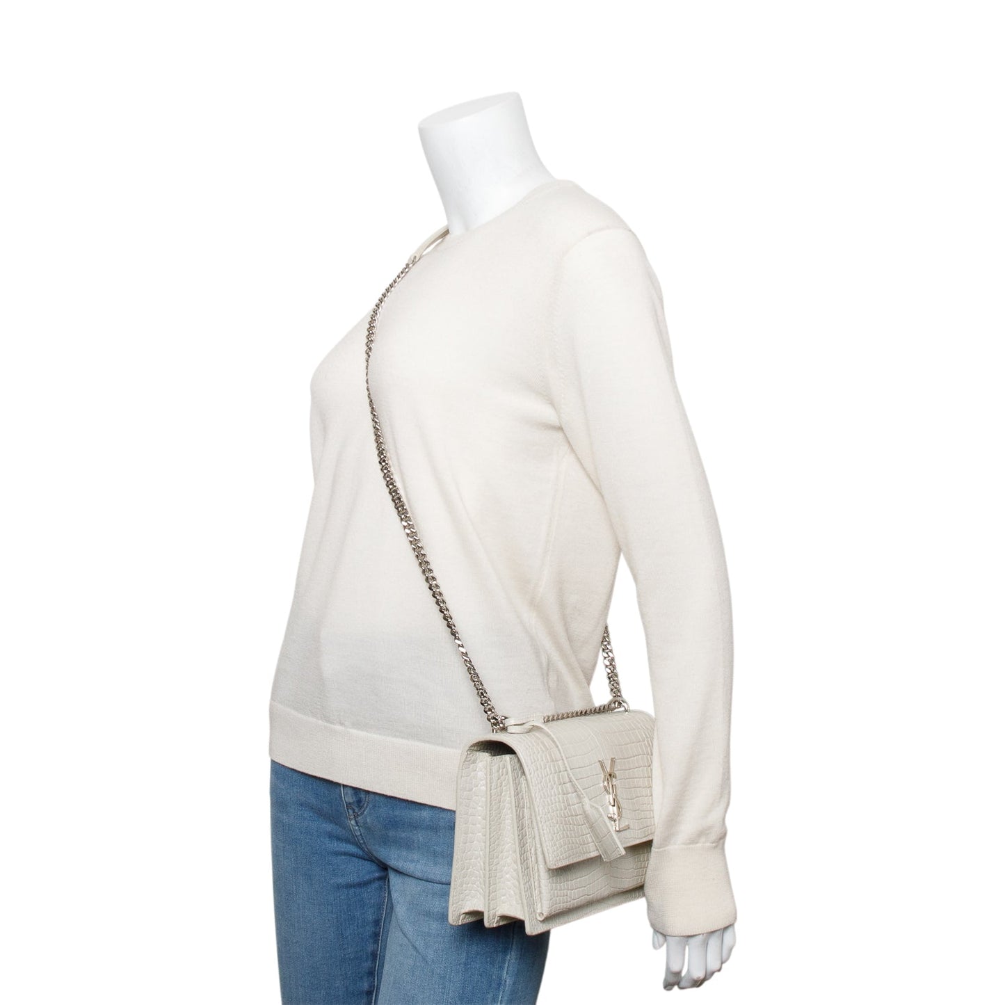 Saint Laurent Ivory Medium Crocodile Embossed Sunset Bag