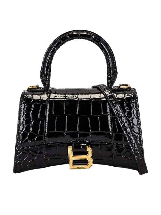 Luxury Balenciaga Trending 2026 Hourglass Crocodile Embossed Leather XS Tote Bag Black