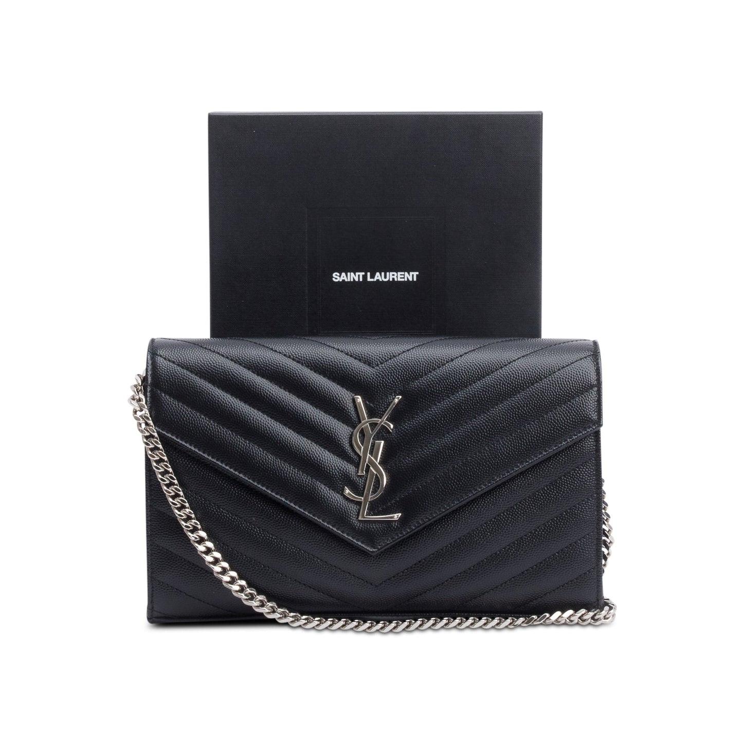 Saint Laurent 2022 Black Grain De Poudre Leather Cassandre Envelope Chain Wallet