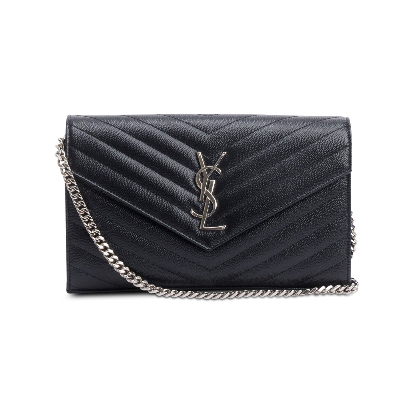 Saint Laurent 2022 Black Grain De Poudre Leather Cassandre Envelope Chain Wallet