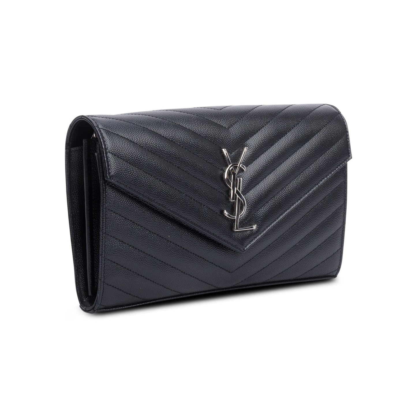 Saint Laurent 2022 Black Grain De Poudre Leather Cassandre Envelope Chain Wallet
