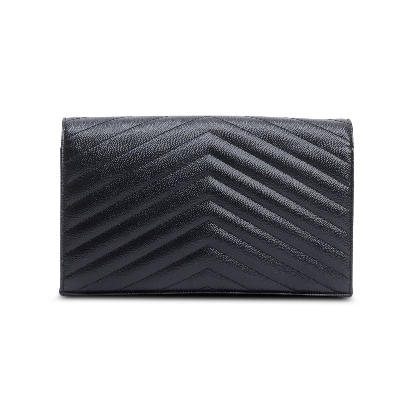 Saint Laurent 2022 Black Grain De Poudre Leather Cassandre Envelope Chain Wallet