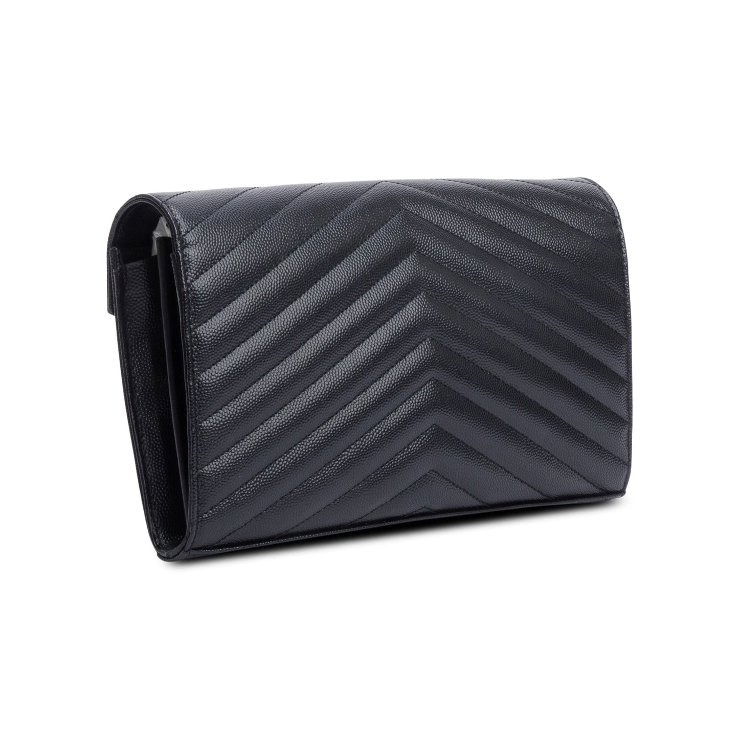 Saint Laurent 2022 Black Grain De Poudre Leather Cassandre Envelope Chain Wallet