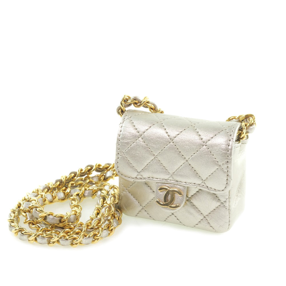 CHANEL Shoulder Bag Calfskin Silver Matrasse Chain Pochette Micro Women