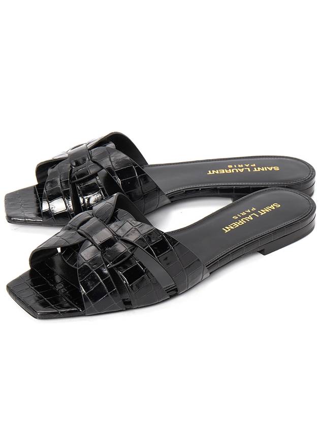 Luxury Saint Laurent Trending 2025 Tribute Crocodile Embossed Shiny Leather Mules Black