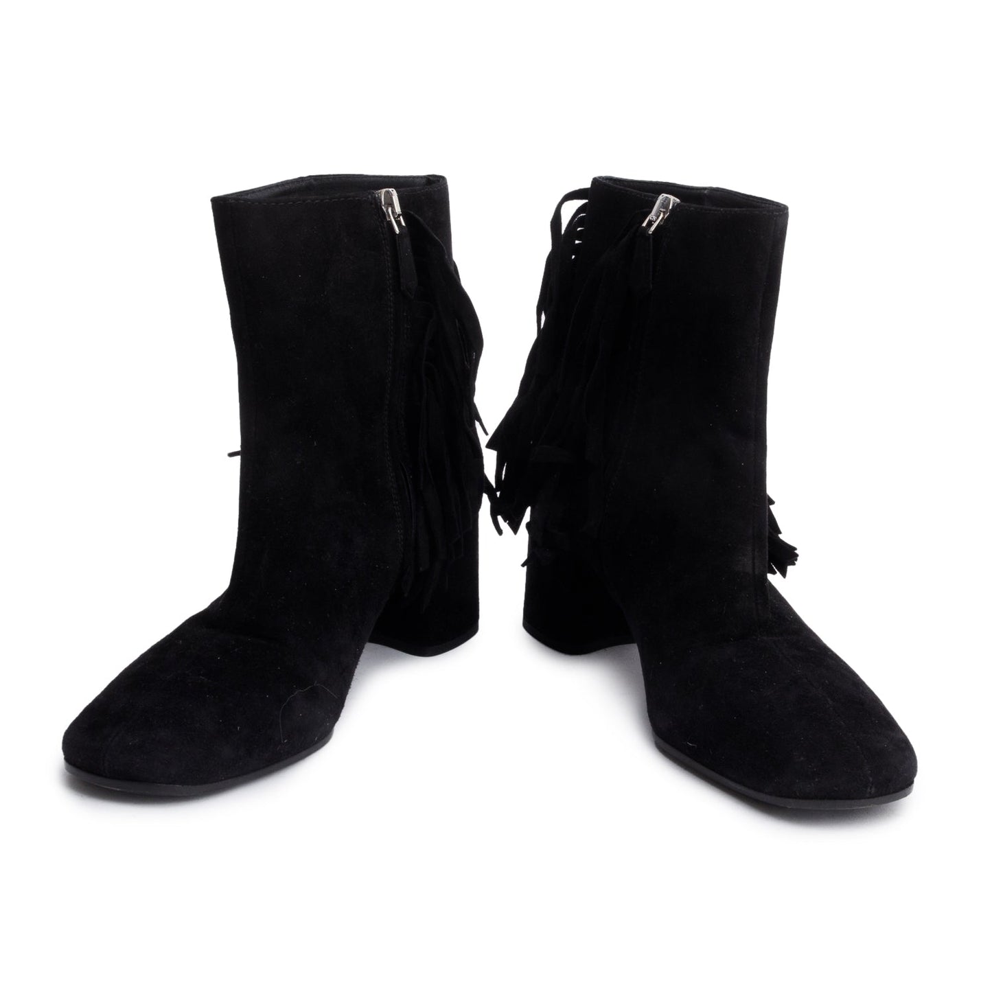 Prada Black Suede Fringe Ankle Boots, Size 38