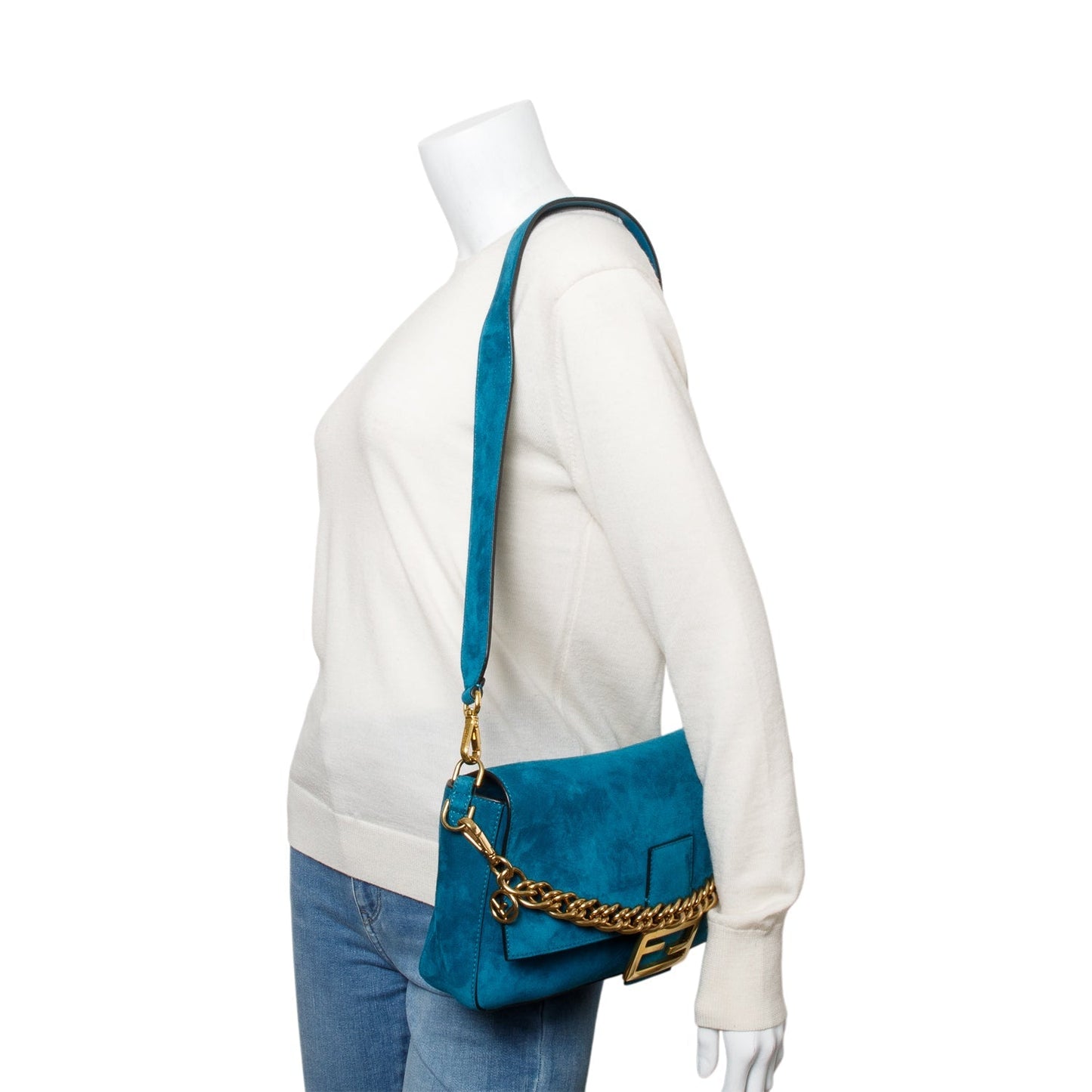 Fendi Blue Suede Large Baguette Shoulder Bag