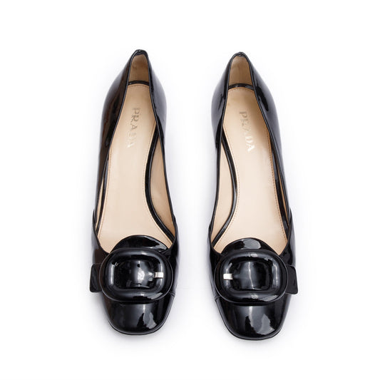 Prada Black Vernis Leather Buckle Accent Pump Shoes, Size 39