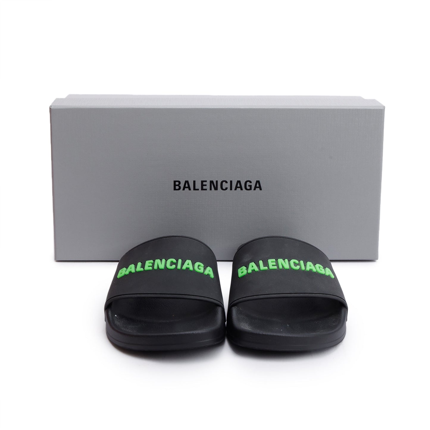 Balenciaga Black Rubber Printed Logo Pool Slide Sandals, Size 37