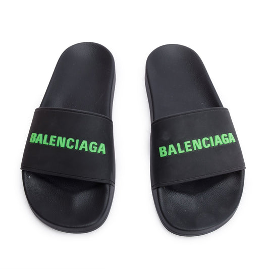 Balenciaga Black Rubber Printed Logo Pool Slide Sandals, Size 37