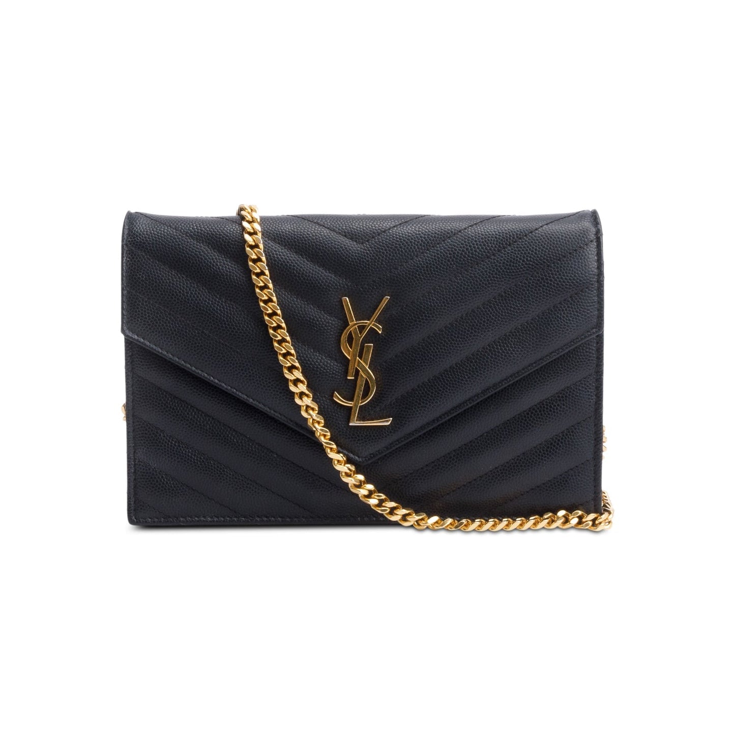 Saint Laurent Black Grain De Poudre Leather Cassandre Envelope Chain Wallet