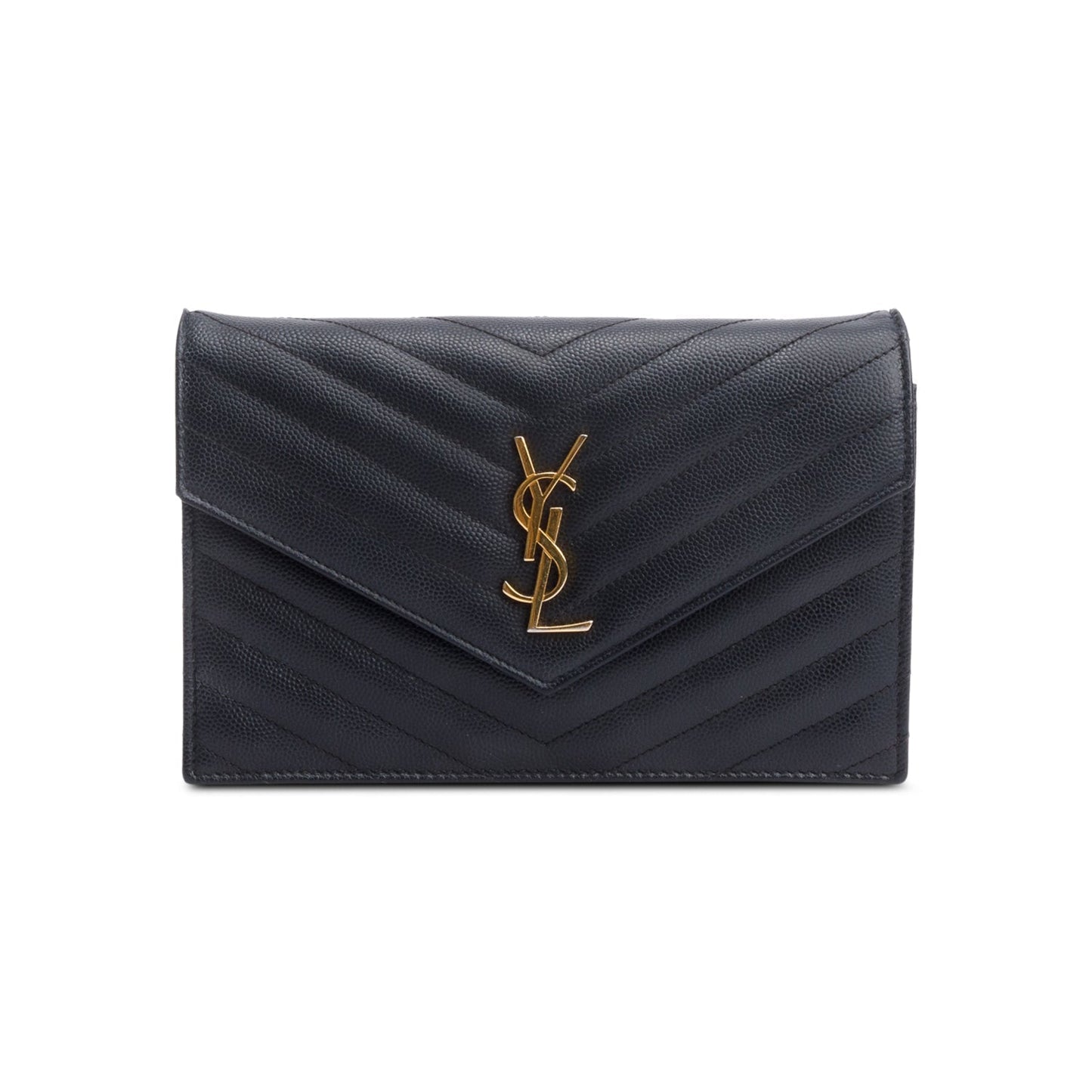Saint Laurent Black Grain De Poudre Leather Cassandre Envelope Chain Wallet