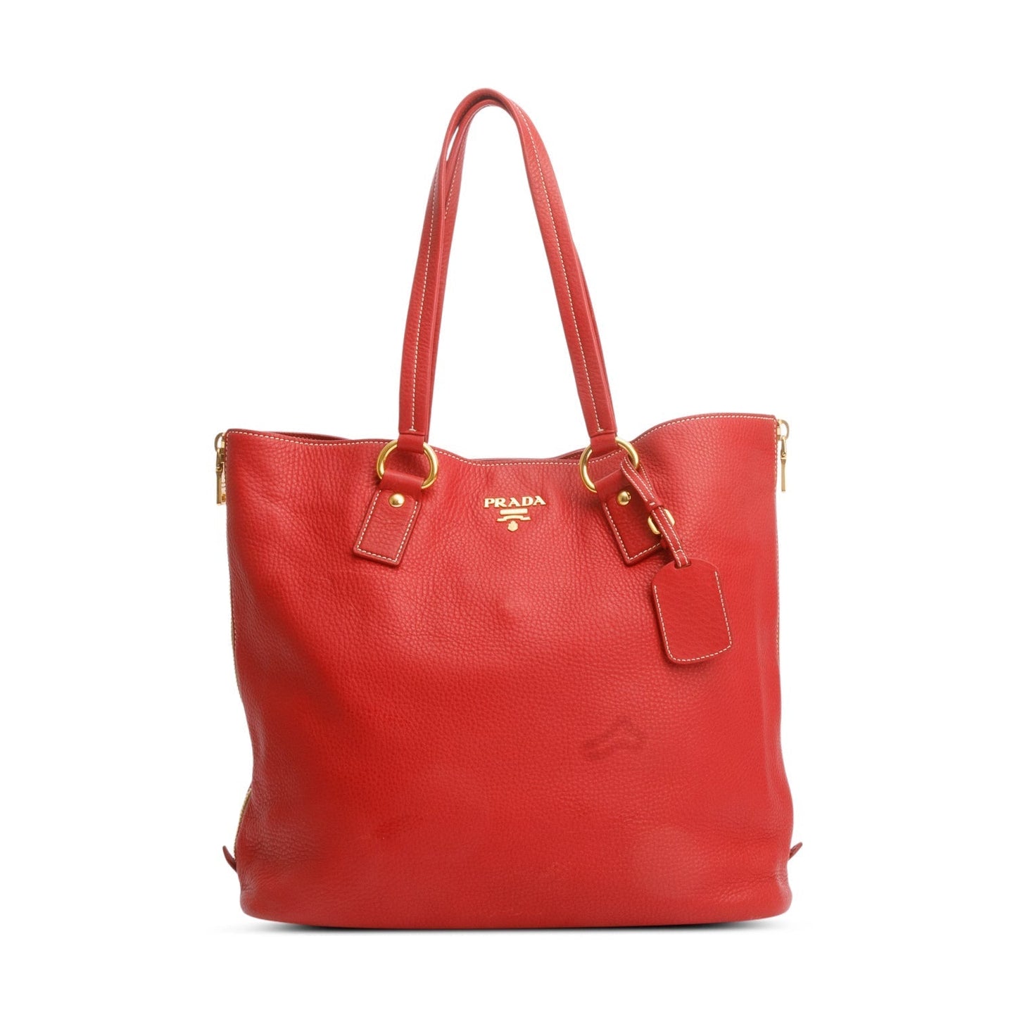 Prada Red Vitello Daino Leather Side Zip Tote
