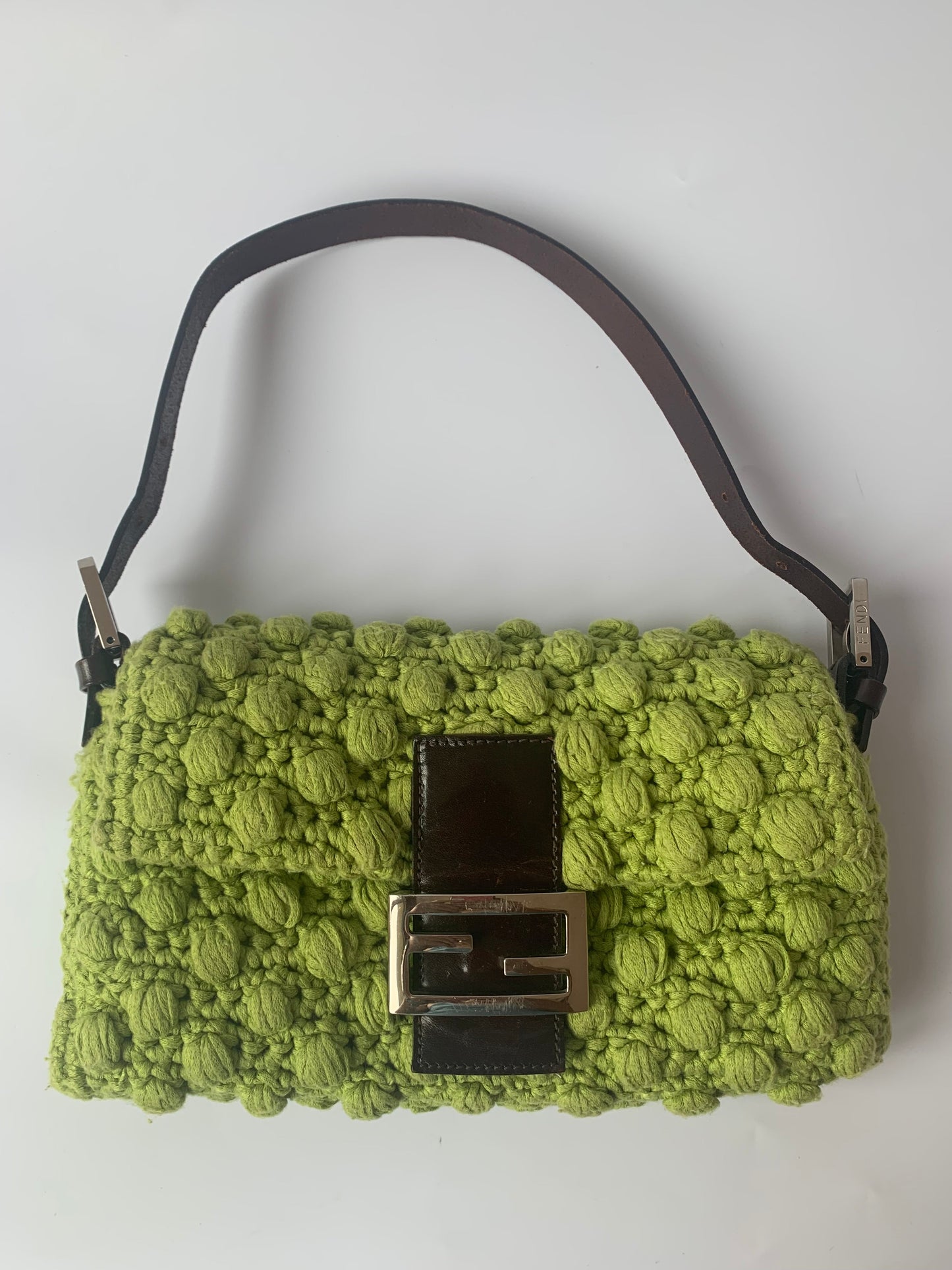 Fendi Baguette Bag Green Wool Pompom Shoulder Bag